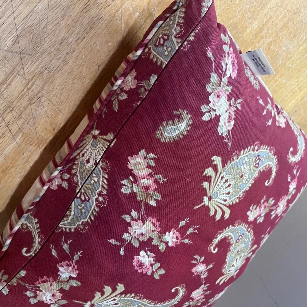 Vtg Waverly Norfolk Rose Burgundy Floral Paisley Stripe Throw Pillow 16x16